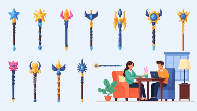 Diverse magical staffs and two people working on laptops in a cozy room