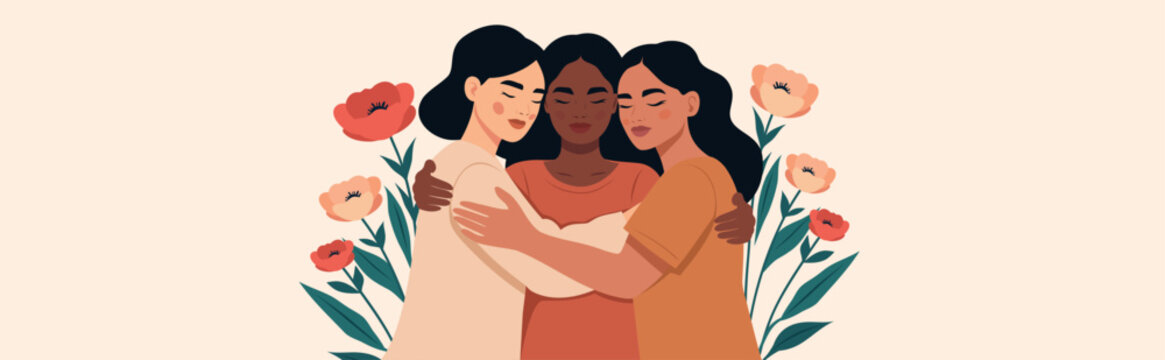 Vector banner with space for text for Women's Day, March 8. Women of different cultures, skin, embrace each other, surrounded by flowers. Support, movement for gender equality, women's empowerment