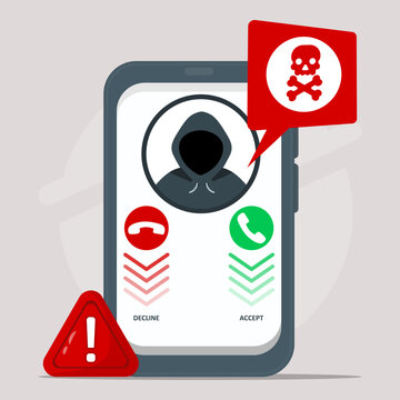 Smartphone screen showing incoming call from hooded hacker with skull warning bubble, decline and accept buttons, and red alert sign warning. Concept of phone scam and phishing threat.
