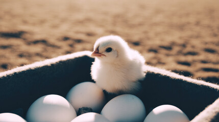 Yellow Chick Standing on White Eggs