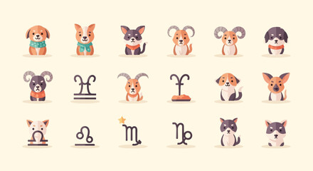 Cute cartoon dogs and astrological symbols on a cream background