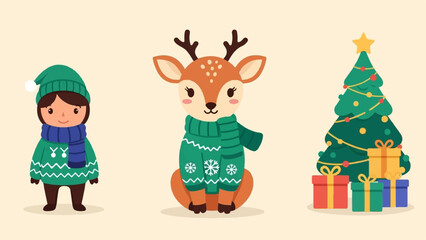 Fototapeta premium Festive trio child, deer, and tree in holiday attire