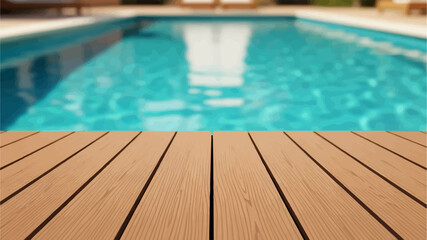 Obraz premium Empty wooden deck overlooks a bright blue swimming pool on a sunny day