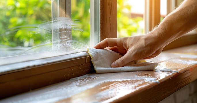 Cleaning a Wooden Window Sill with Cloth, conveying a fresh, tidy household moment. Ideal for home cleaning product branding, lifestyle visuals, or housekeeping campaign materials.