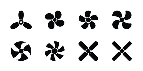 Black fan blades and propellers icons set for airflow and ventilation design