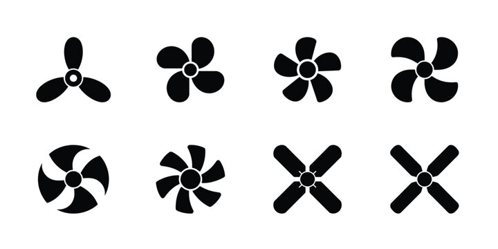 Black fan blades and propellers icons set for airflow and ventilation design