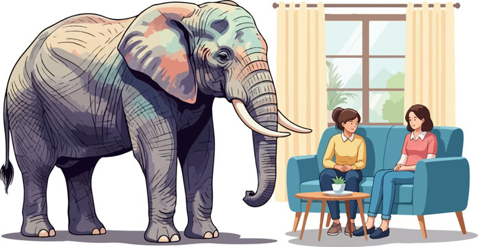 Elephant in room with two women conversing on sofa