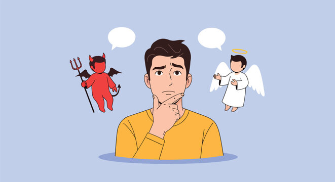 Man choosing between good and evil angel and devil.