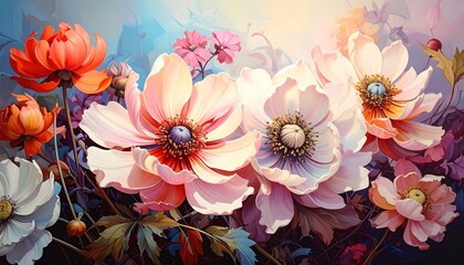 A vibrant floral arrangement with large flowers in pink, orange, and white hues