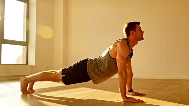 Yoga flow sequence in minimalist studio, golden morning light through large windows.