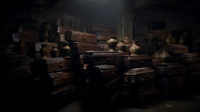 The scene features multiple wooden coffins and ceramic pots stacked closely together. The dim lighting accentuates the aged appearance of the coffins and pots in the room.
