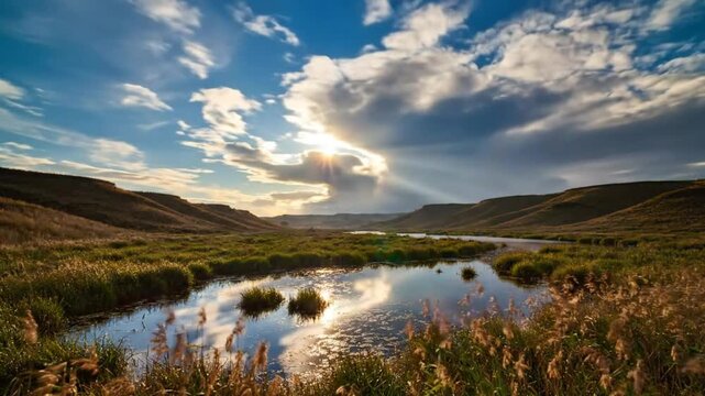 Scenic time-lapse of a river flowing through a lush green valley with rolling hills under a vibrant blue sky with dramatic clouds and bright sunlight