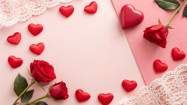 Red rose flowers and heart decorations create a romantic setup on a soft pink background for a special occasion St valentines day love concept