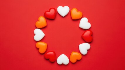 Obraz premium A circular arrangement of colorful heart shaped objects on a red background