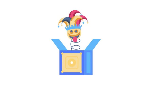  A clown wearing a hat sits inside a colorful box, smiling and looking playfully at the viewer.