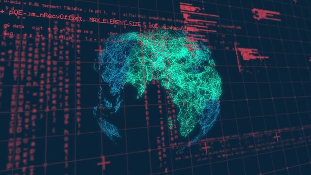 Animation of grid pattern, computer language over illuminated globe on black background