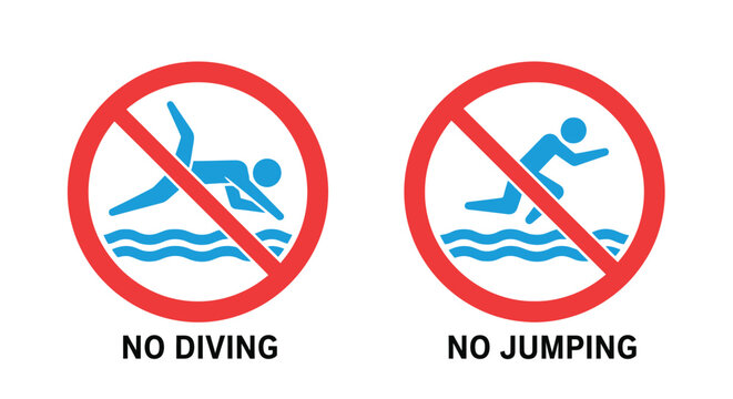 Clear graphic representation of universal prohibition signs indicating that no diving and no jumping are allowed into the water area for safety reasons