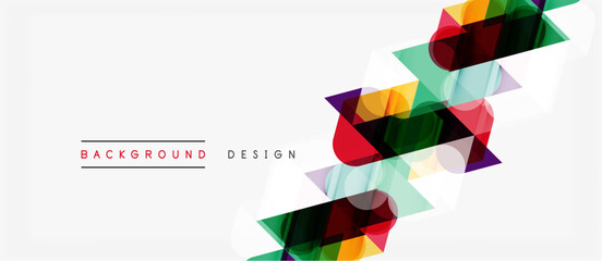 Abstract geometric shapes, vibrant colors, modern design. Background features overlapping triangles, creating dynamic visual effect.