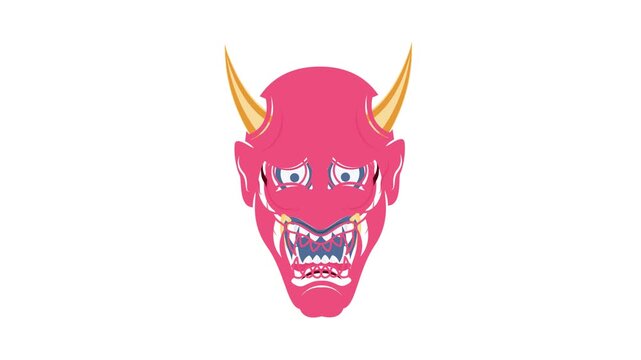 Cartoon demon head with red face and horns, featuring a mischievous expression and exaggerated facial features.