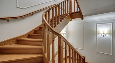 Elegant vintage wooden spiral staircase with ornate railing and warm wall sconces illuminating the white wall with decorative molding