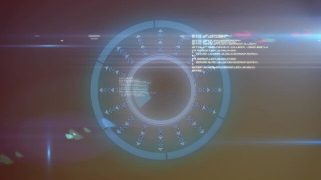 Animation of arrows in loading circles with lens flares and computer language over black background