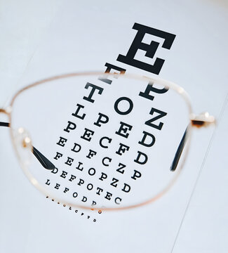 Looking at eye chart through glasses. Vision correction and ophthalmology concept. Blurred snellen chart with clear focus through lens.
