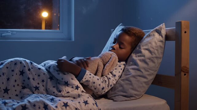 Child sleeps peacefully in bed at night holding teddy bear close. Boy in star pajamas rests during bedtime. Child with teddy sleeps in bedroom. Night sleep with teddy bear in cozy bed at home.