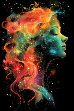 Surreal female profile in cosmic light exploring existence self-discovery and meaning of life