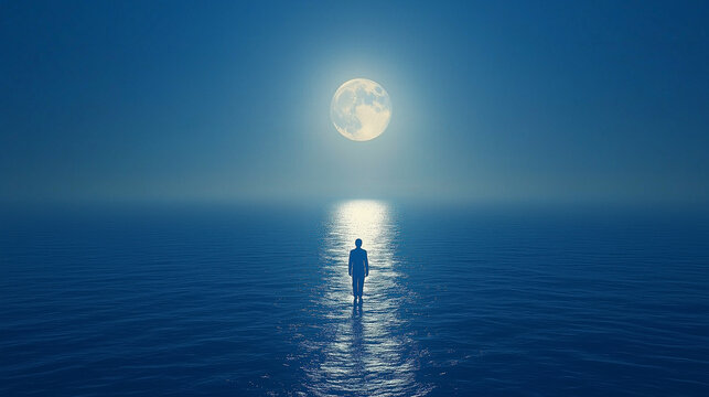 Solitary figure walking on ocean toward a bright moon symbolizing existence self-discovery and the meaning of life