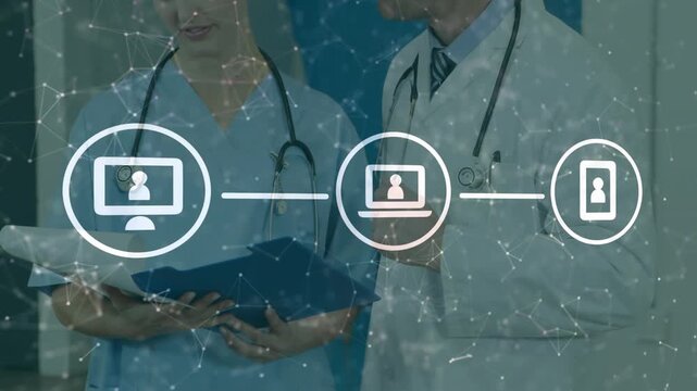 Animation of flowchart and connected icons over caucasian doctors discussing patient reports