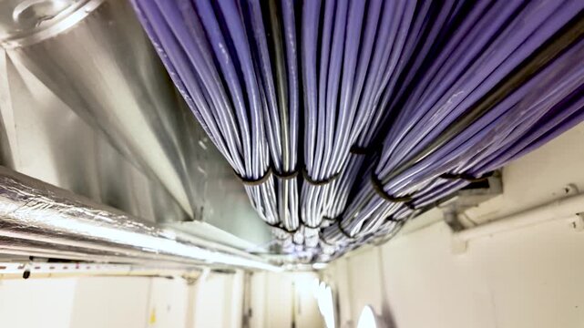 Bundled purple ethernet cables securing to cable trays in a modern data center