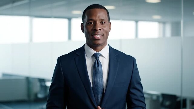Confident african american businessman speaking directly to camera in modern office setting cinematic footage