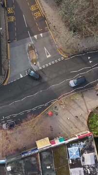 Vertical Top down view of Wanstead t-junction, traffic and road markings