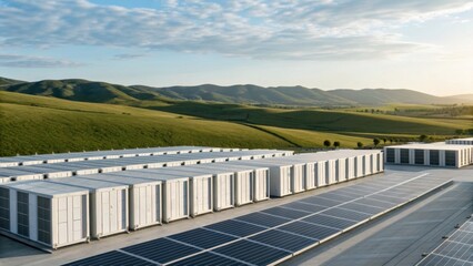 Fototapeta premium A modern facility featuring solar panels and storage units, set against rolling green hills under a bright sky.