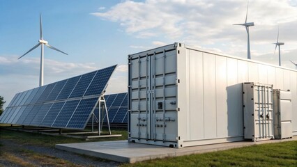 Fototapeta premium A modern renewable energy setup featuring solar panels, wind turbines, and storage containers for sustainable power generation.