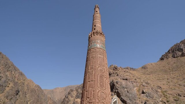 Minaret of Jam in Afghanistan surrounded by mountains