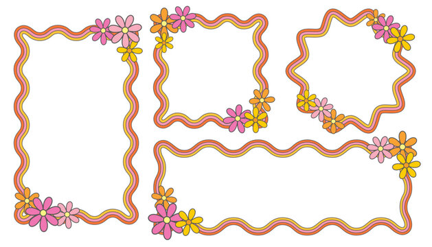 Wavy frames. Retro groovy scallop borders with rainbow striped pattern. Funky square and rectangle shapes with floral decoration. Vector abstract girly designs.