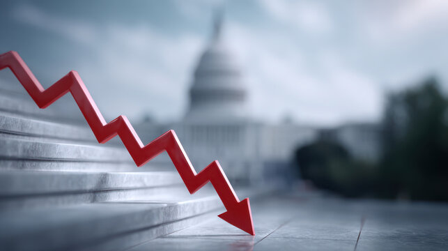 Red arrow graph showing financial decline with government building in background, symbolizing economic downturn and political impact on market
