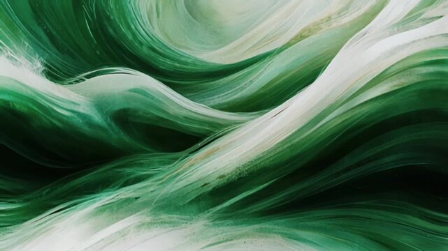 An abstract artwork featuring dynamic flowing waves in a palette of emerald green, teal, and white. Its texture resembles fine brushstrokes or the fibers of silk.