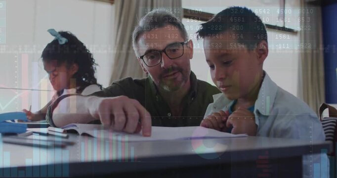 Financial data and graphs animation over teacher helping students with schoolwork