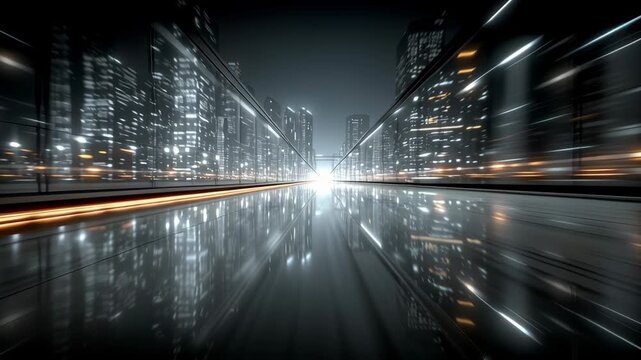 A vibrant futuristic cityscape at night, showcasing modern skyscrapers reflected on sleek surfaces. the scene highlights dynamic light trails and an emphasis on symmetry and urban innovation.