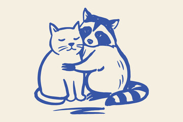 Obraz premium Cat and raccoon hug doodle vector illustration