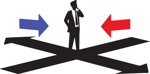 Professional Man with Directional Arrows Illustration for Business Strategy, leadership challenges, making it an ideal asset for corporate presentations, HR blogs, and professional development.