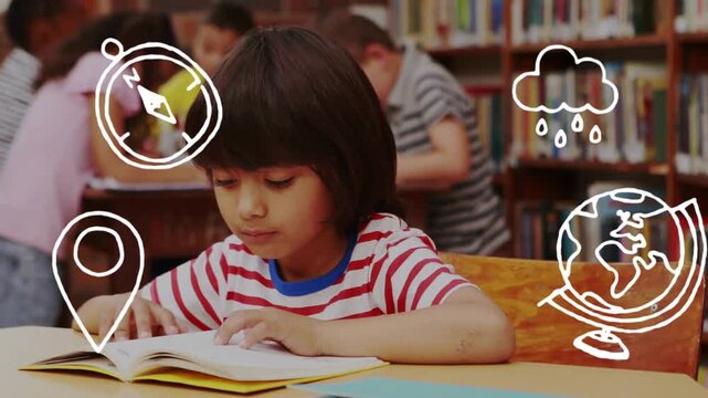 Boy opening book at library, showing educational compass location pin rain cloud globe icons