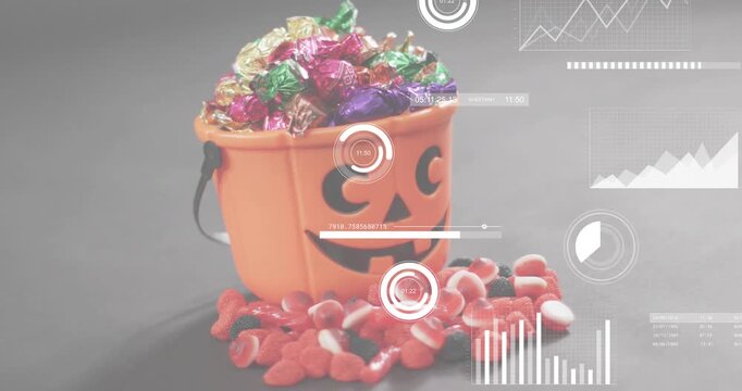 After 1s delay, pumpkin bucket holding sweets receiving holograms animating around tracking stats