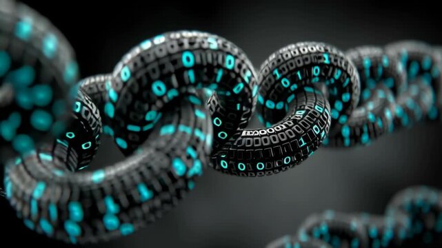 Intertwined chains adorned with binary code symbols, illustrating the concept of blockchain technology. represents themes of digital connectivity, data security, and information technology with a futu