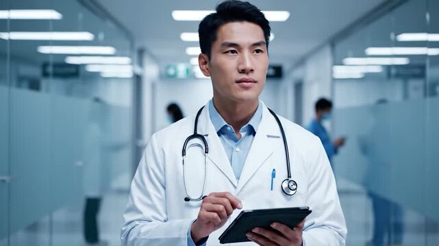 Asian male doctor using tablet while walking in hospital hallway motion clip showing modern healthcare concept