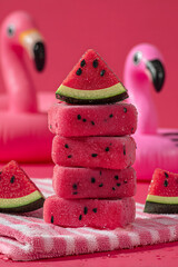 Tall stack of watermelon ice cream slices with seeds on bright summer background