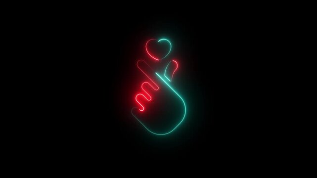 neon glowing finger heart hand gesture with red and cyan lights on black background, minimalist digital illustration of the korean k-pop heart sign for love and affection