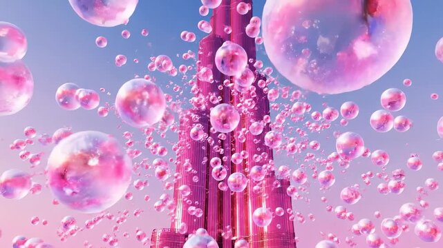 The scene features large bubbles floating around a towering structure. This colorful tower is complemented by soft pastel shades in the sky and numerous floating bubbles.